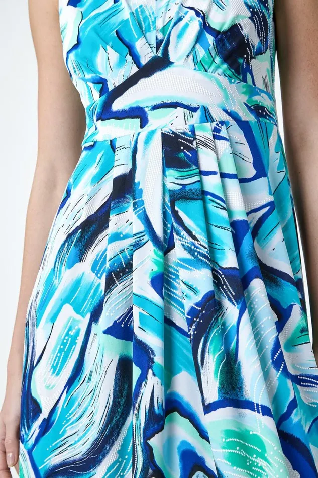 Women Turquoise Abstract Print V Neck Maxi Dress Roman Dresses