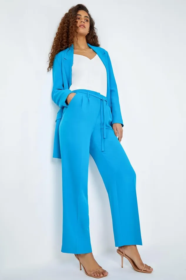 Women Turquoise Crepe Stretch Straight Leg Trousers Roman Occasionwear