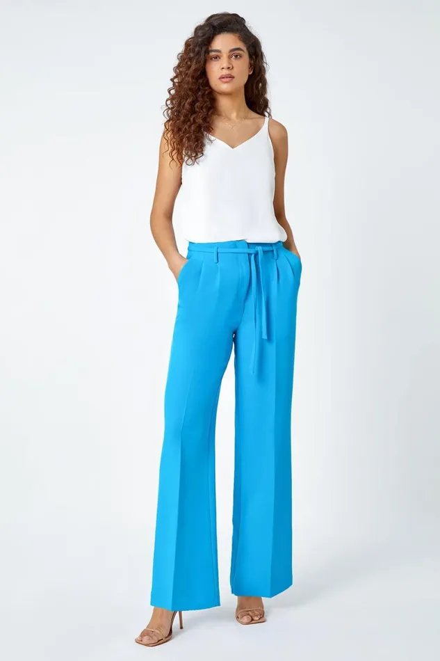 Women Turquoise Crepe Stretch Straight Leg Trousers Roman Occasionwear