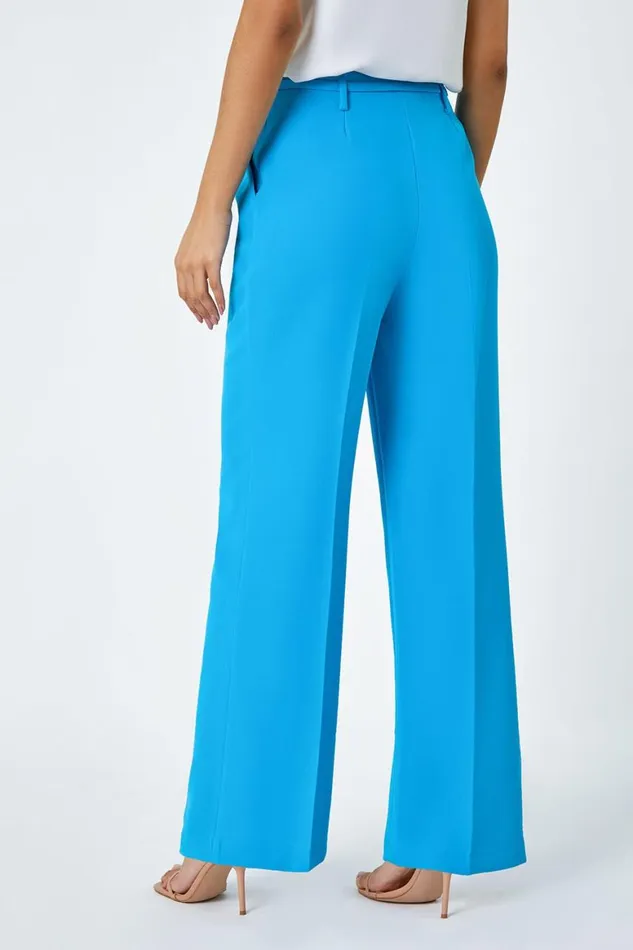 Women Turquoise Crepe Stretch Straight Leg Trousers Roman Occasionwear