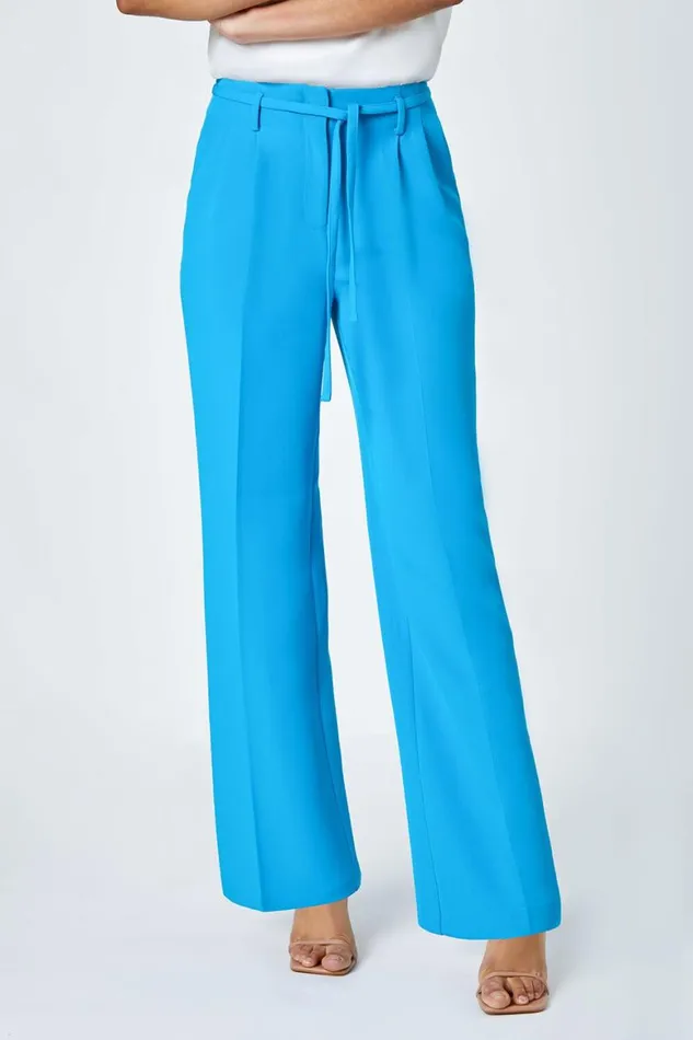 Women Turquoise Crepe Stretch Straight Leg Trousers Roman Occasionwear