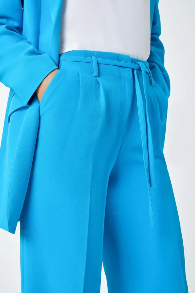 Women Turquoise Crepe Stretch Straight Leg Trousers Roman Occasionwear