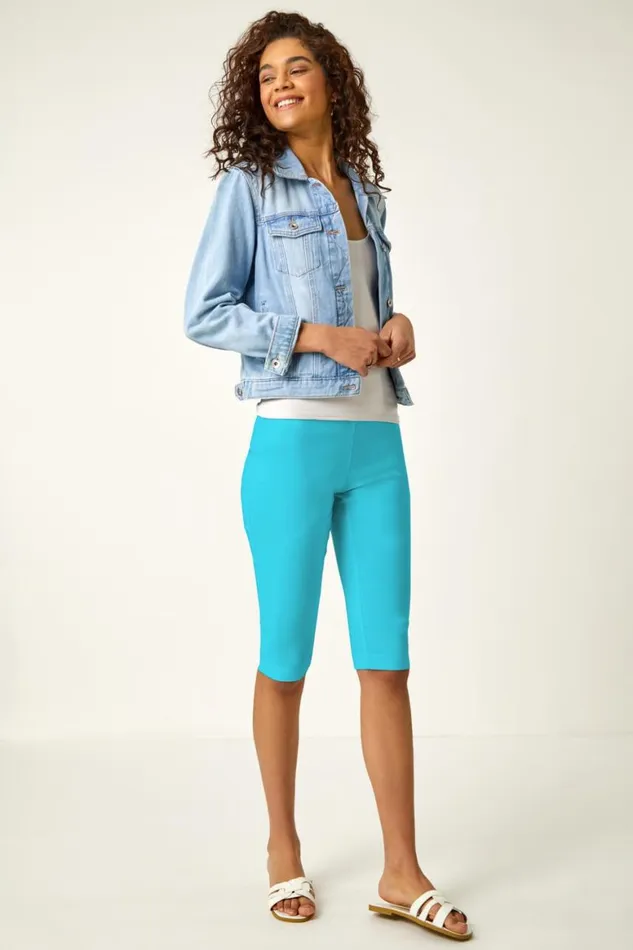 Women Turquoise Elastic Waist Knee Length Stretch Shorts Roman Trousers