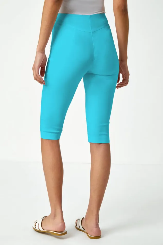 Women Turquoise Elastic Waist Knee Length Stretch Shorts Roman Trousers