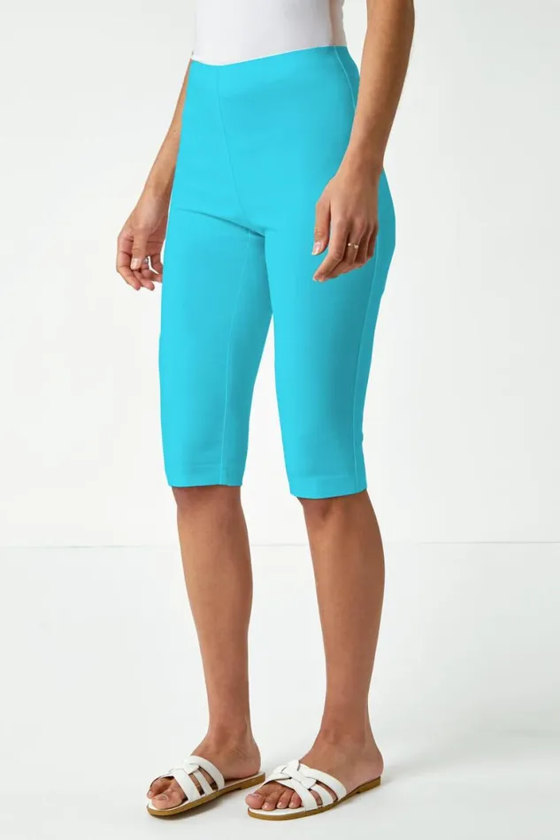 Women Turquoise Elastic Waist Knee Length Stretch Shorts Roman Trousers