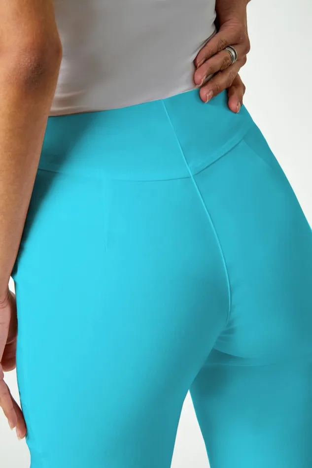 Women Turquoise Elastic Waist Knee Length Stretch Shorts Roman Trousers