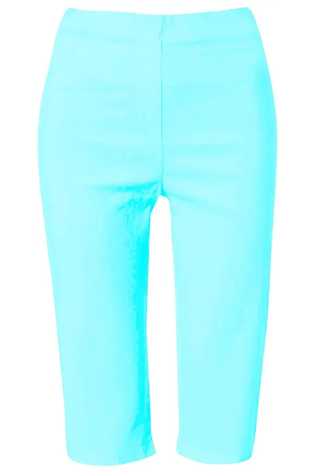 Women Turquoise Elastic Waist Knee Length Stretch Shorts Roman Trousers