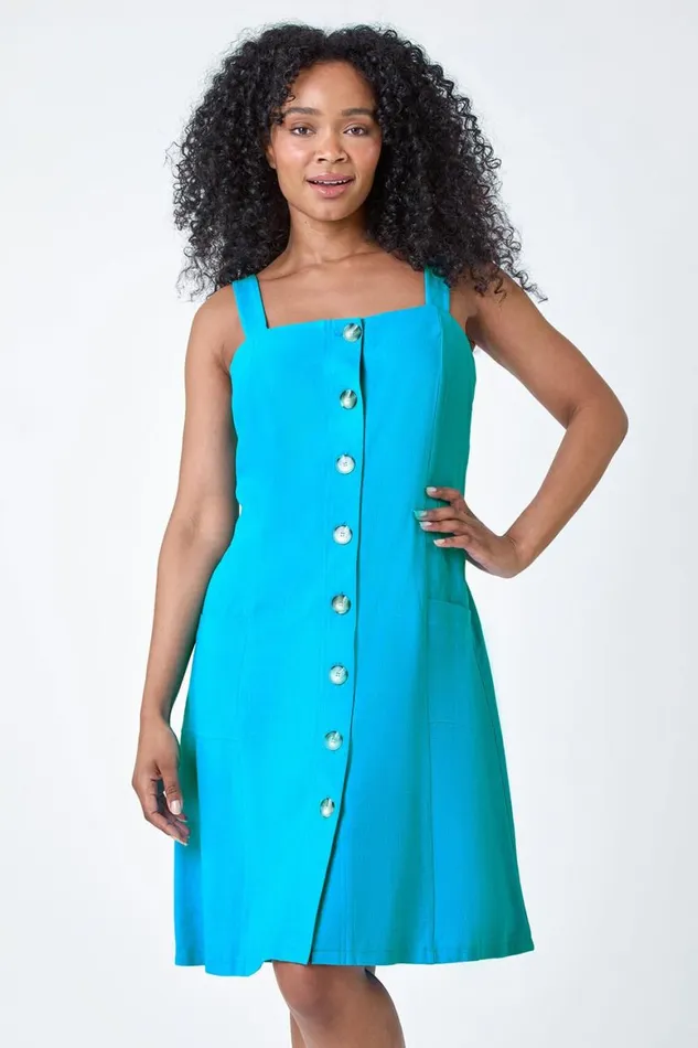 Women Turquoise Petite Button Front Pocket Dress Roman Dresses