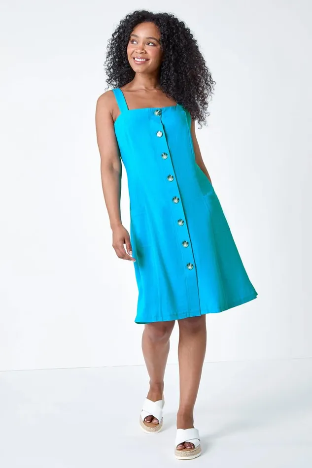 Women Turquoise Petite Button Front Pocket Dress Roman Dresses