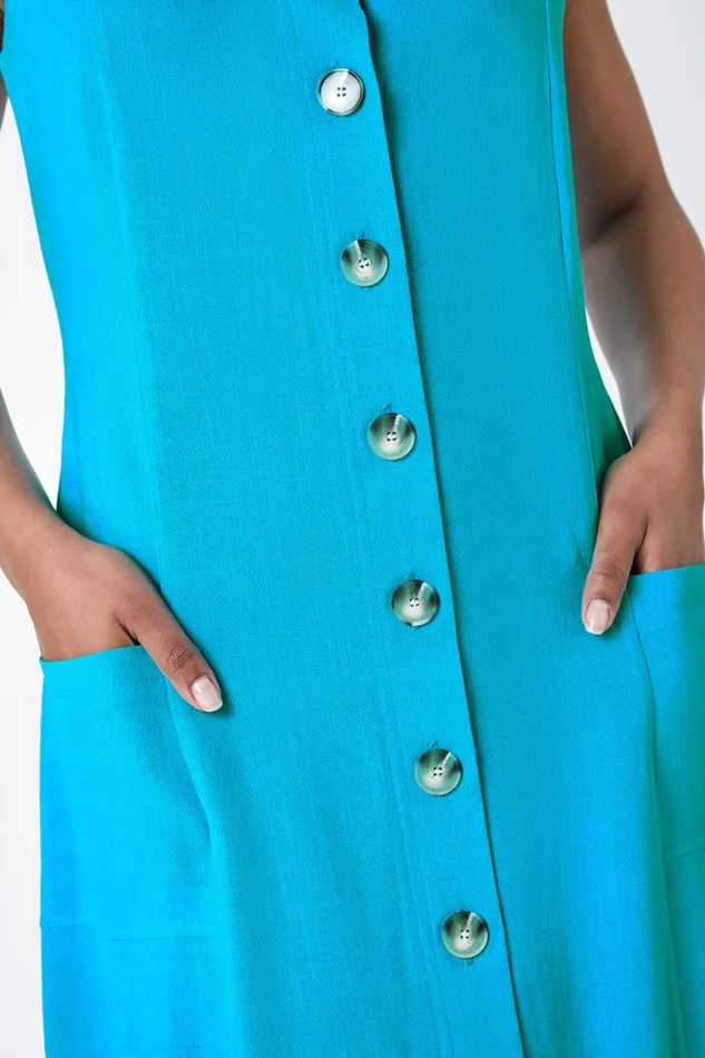 Women Turquoise Petite Button Front Pocket Dress Roman Dresses