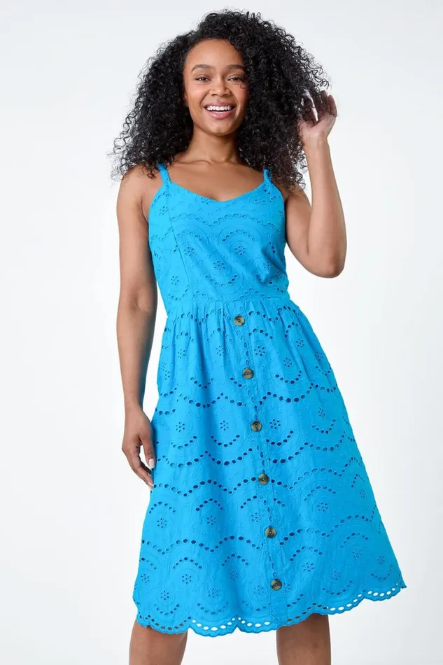 Women Turquoise Petite Cotton Broderie Button Dress Roman Dresses