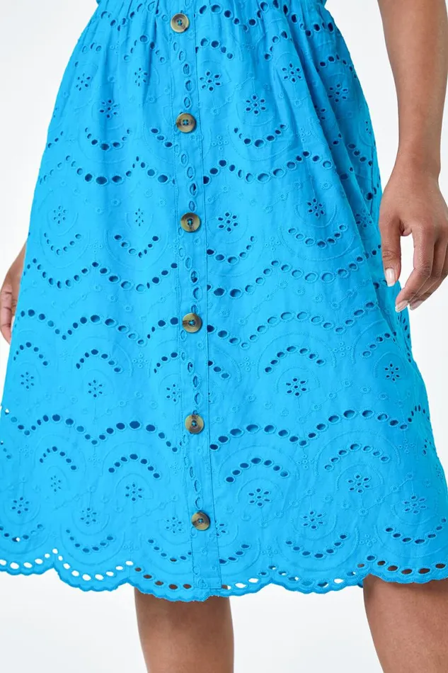 Women Turquoise Petite Cotton Broderie Button Dress Roman Dresses