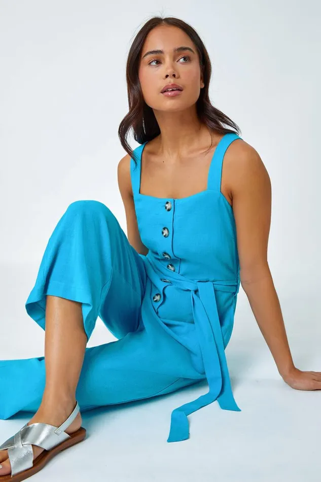 Women Turquoise Petite Sleeveless Linen Blend Jumpsuit Roman Dresses