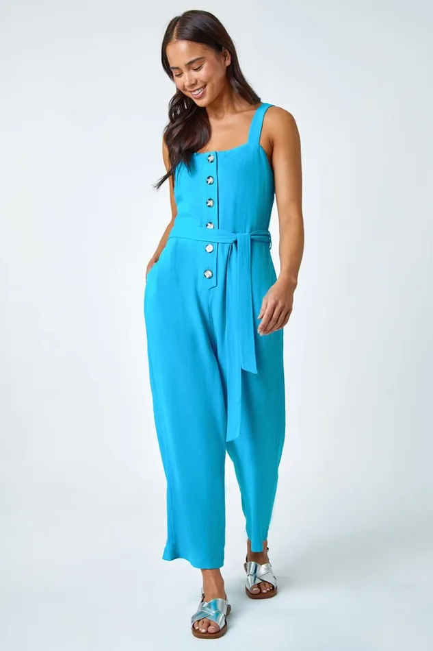 Women Turquoise Petite Sleeveless Linen Blend Jumpsuit Roman Dresses