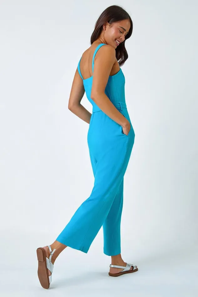 Women Turquoise Petite Sleeveless Linen Blend Jumpsuit Roman Dresses
