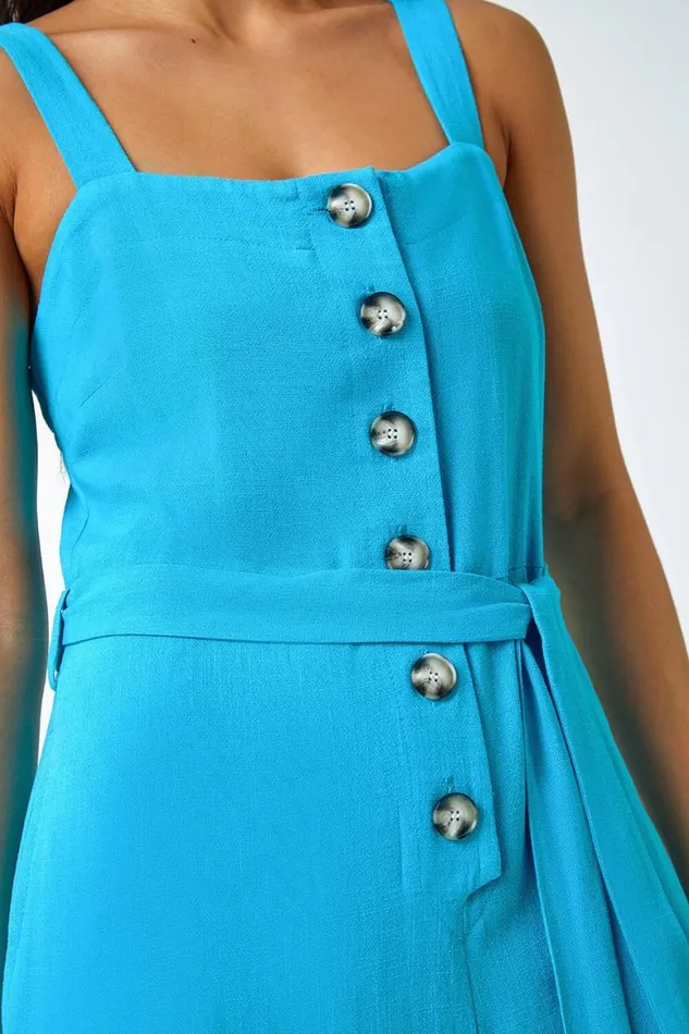 Women Turquoise Petite Sleeveless Linen Blend Jumpsuit Roman Dresses