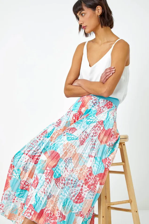 Women Turquoise Seashell Print Pleated Maxi Skirt Roman Skirts