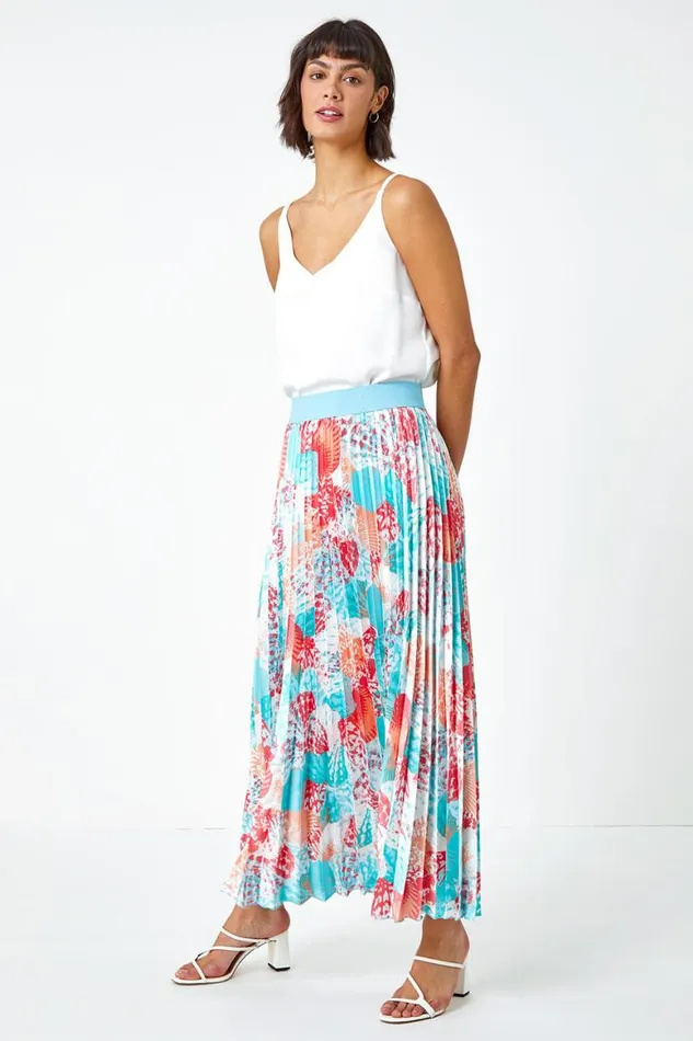 Women Turquoise Seashell Print Pleated Maxi Skirt Roman Skirts
