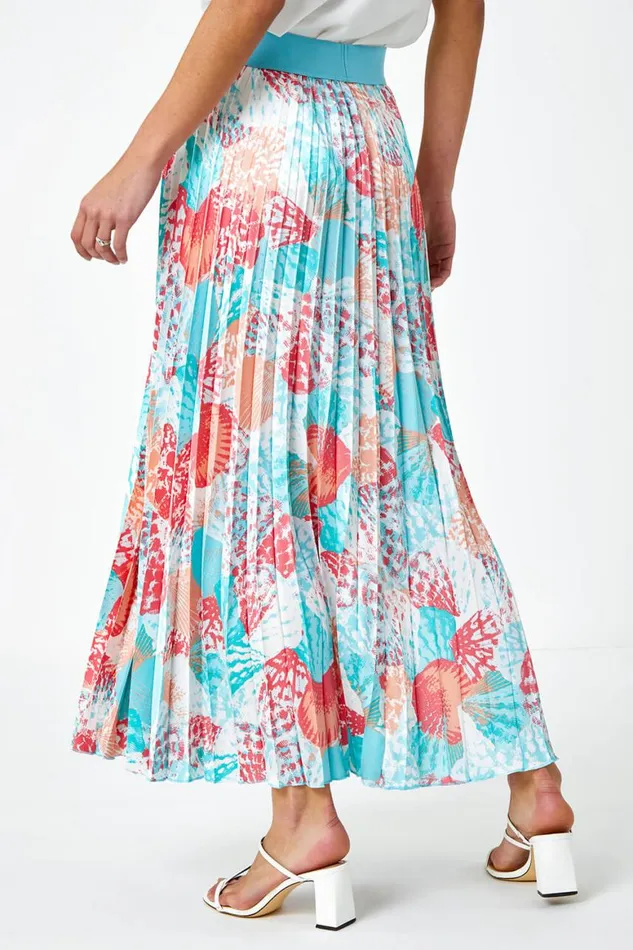 Women Turquoise Seashell Print Pleated Maxi Skirt Roman Skirts