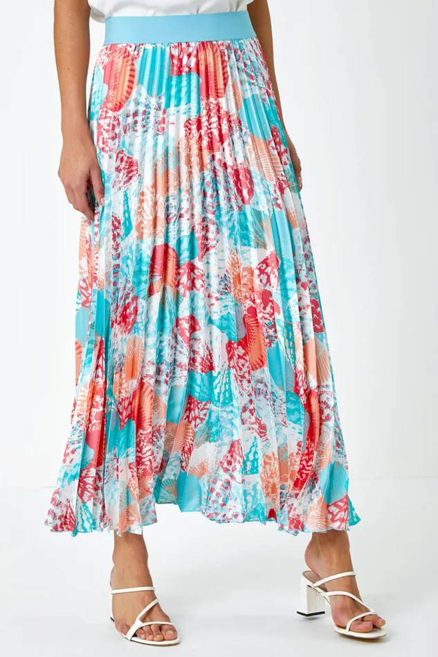 Women Turquoise Seashell Print Pleated Maxi Skirt Roman Skirts