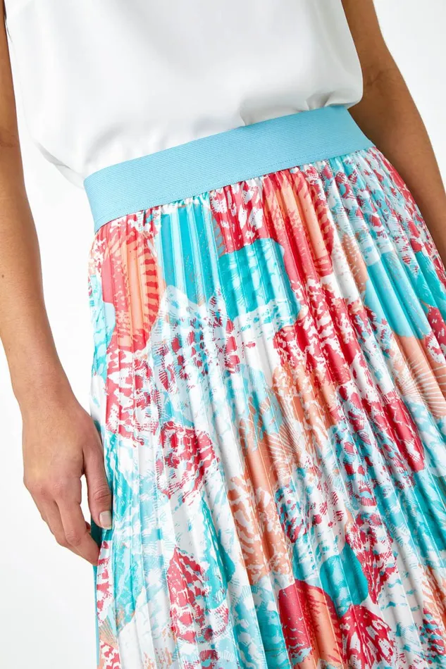Women Turquoise Seashell Print Pleated Maxi Skirt Roman Skirts