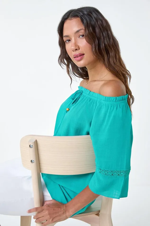Women Turquoise Tie Detail Stretch Neck Bardot Top Roman Tops