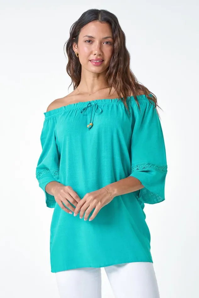 Women Turquoise Tie Detail Stretch Neck Bardot Top Roman Tops