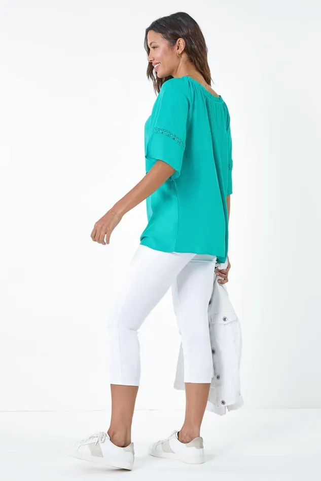 Women Turquoise Tie Detail Stretch Neck Bardot Top Roman Tops