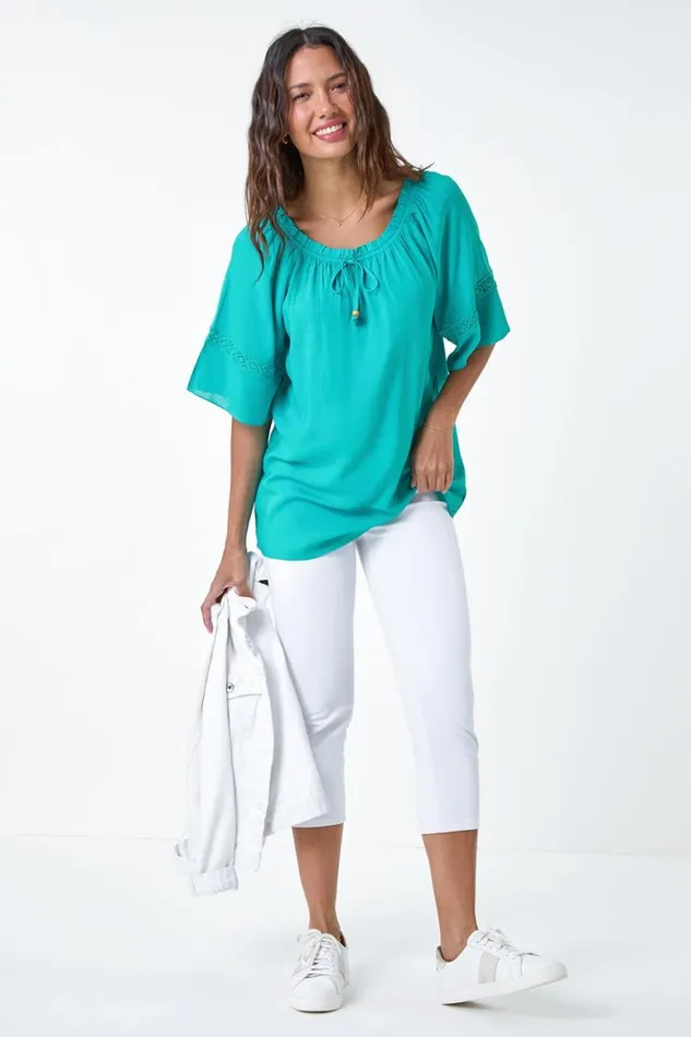 Women Turquoise Tie Detail Stretch Neck Bardot Top Roman Tops