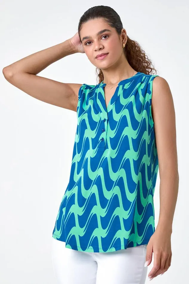Women Turquoise Wave Print Button Sleeveless Top Roman Tops