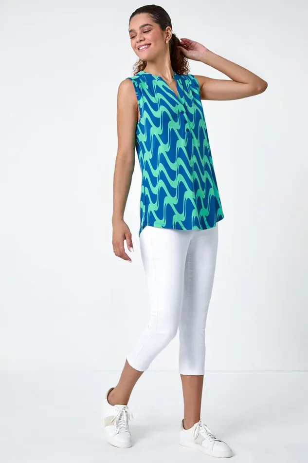 Women Turquoise Wave Print Button Sleeveless Top Roman Tops