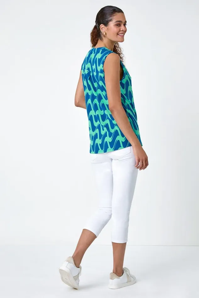 Women Turquoise Wave Print Button Sleeveless Top Roman Tops