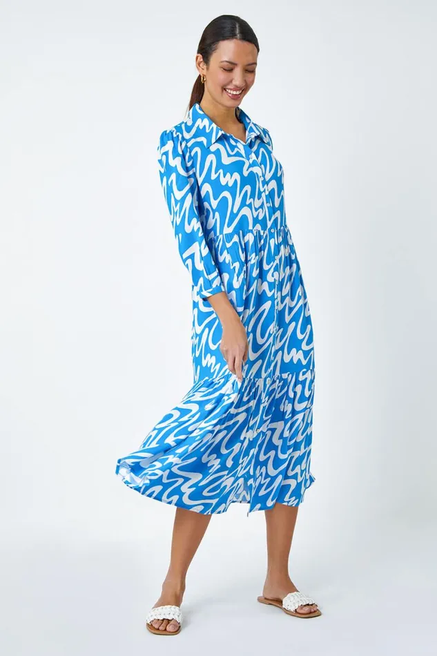 Women Turquoise Wave Print Tiered Shirt Dress Roman Dresses