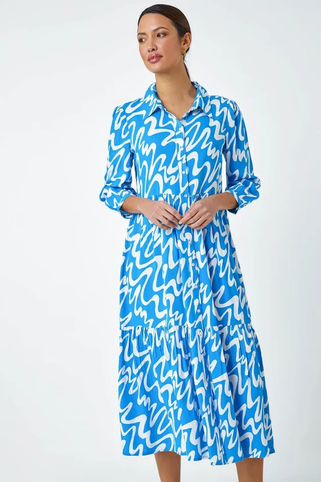 Women Turquoise Wave Print Tiered Shirt Dress Roman Dresses