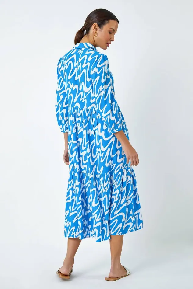 Women Turquoise Wave Print Tiered Shirt Dress Roman Dresses