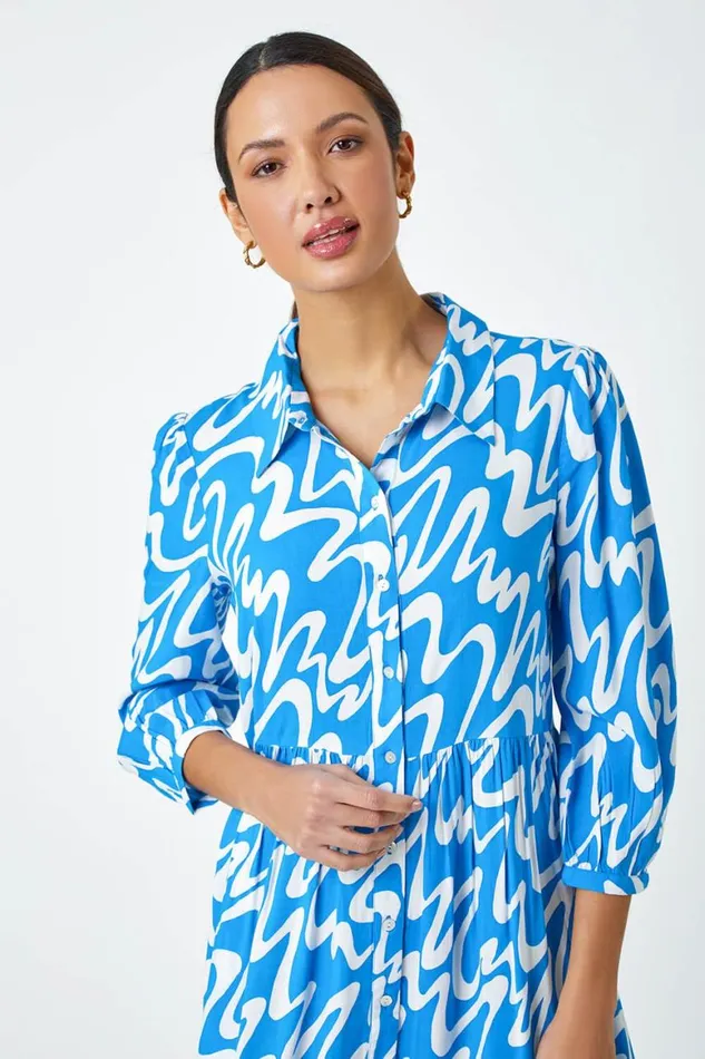 Women Turquoise Wave Print Tiered Shirt Dress Roman Dresses