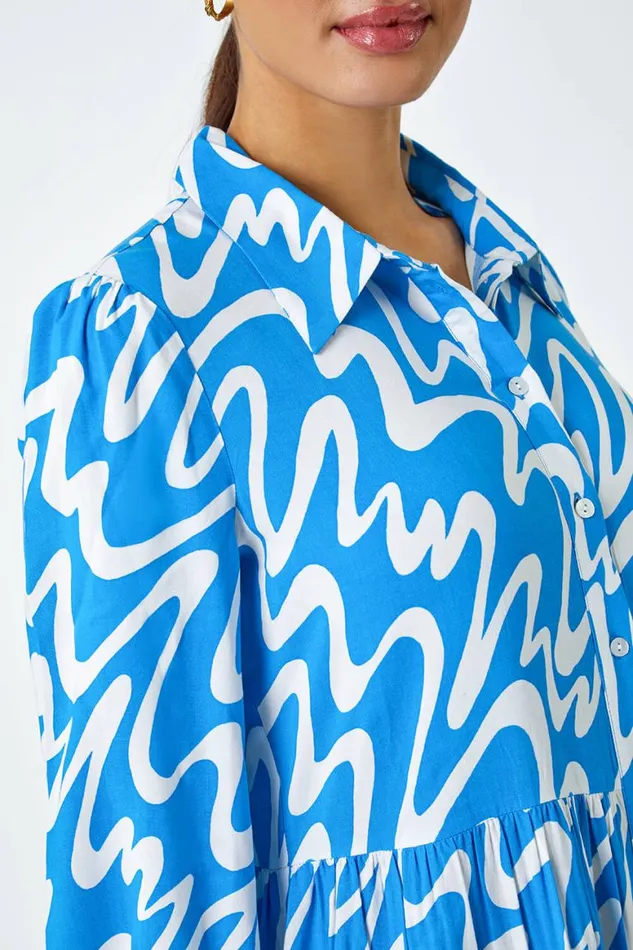 Women Turquoise Wave Print Tiered Shirt Dress Roman Dresses