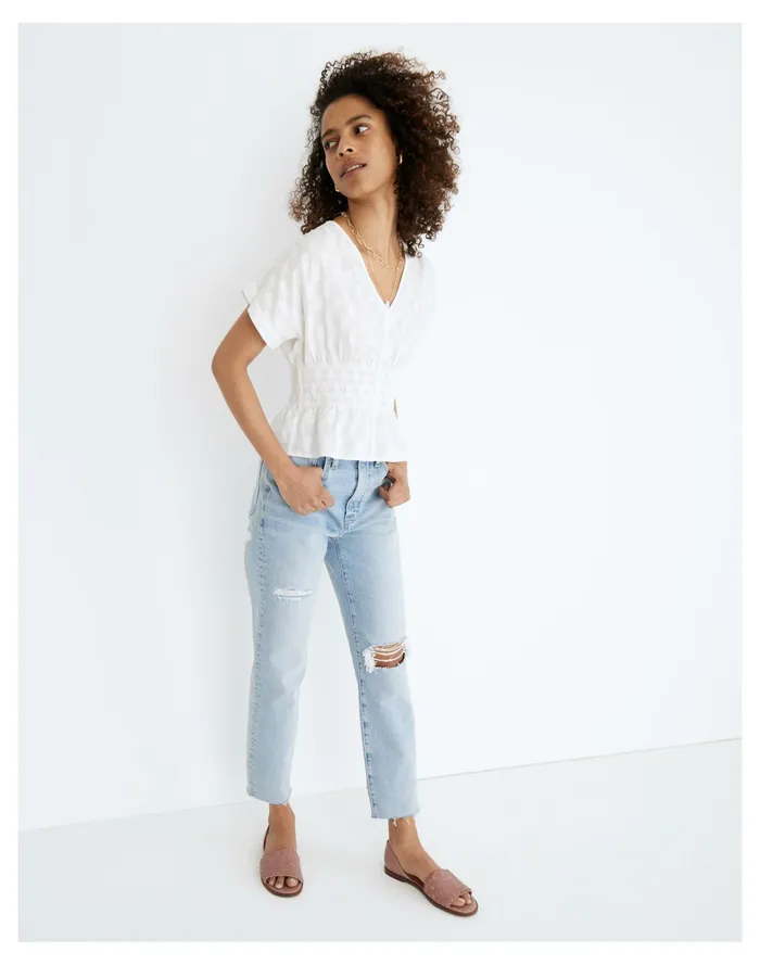 Women V Neck Smocked Waist Top In Square Jacquard Eyelet White Madewell Tops and Shirts Women V Neck Smocked Waist Top In Square Jacquard Eyelet White Madewell Tops and Shirts