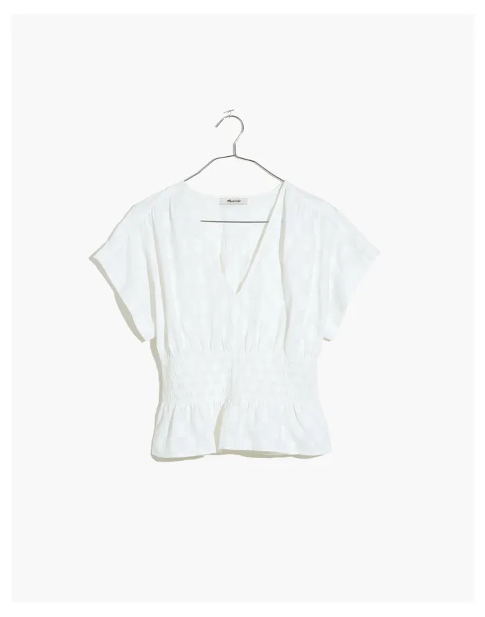 Women V Neck Smocked Waist Top In Square Jacquard Eyelet White Madewell Tops and Shirts Women V Neck Smocked Waist Top In Square Jacquard Eyelet White Madewell Tops and Shirts