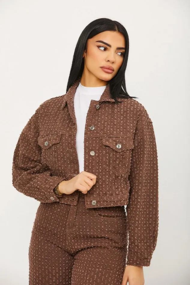 Women Veste Courte En Jeans Marron Trous Brown Brentiny Paris Jackets