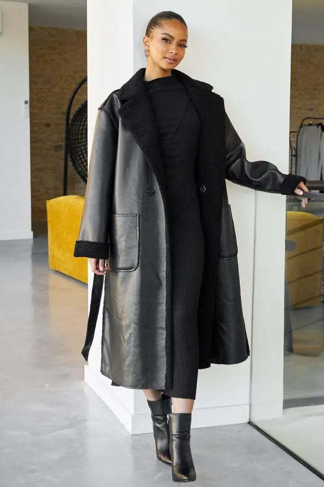 Women Veste Longue Aviateur Noire Peau De Mouton Ceinture Black Brentiny Paris Jackets