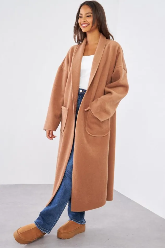 Women Veste Longue Camel Texture Camel Brentiny Paris Jackets