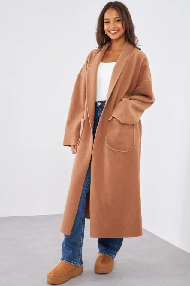 Women Veste Longue Camel Texture Camel Brentiny Paris Jackets