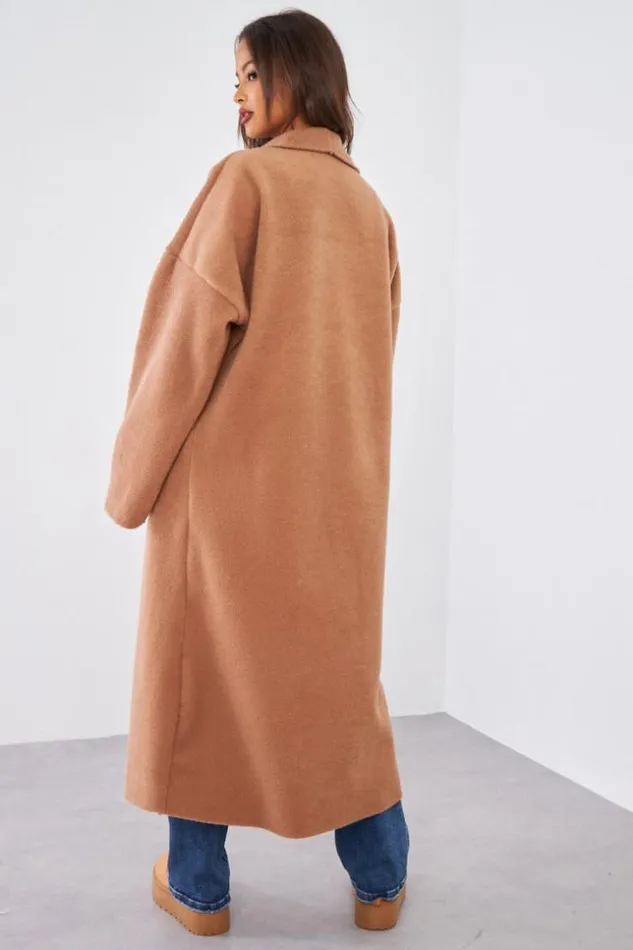 Women Veste Longue Camel Texture Camel Brentiny Paris Jackets