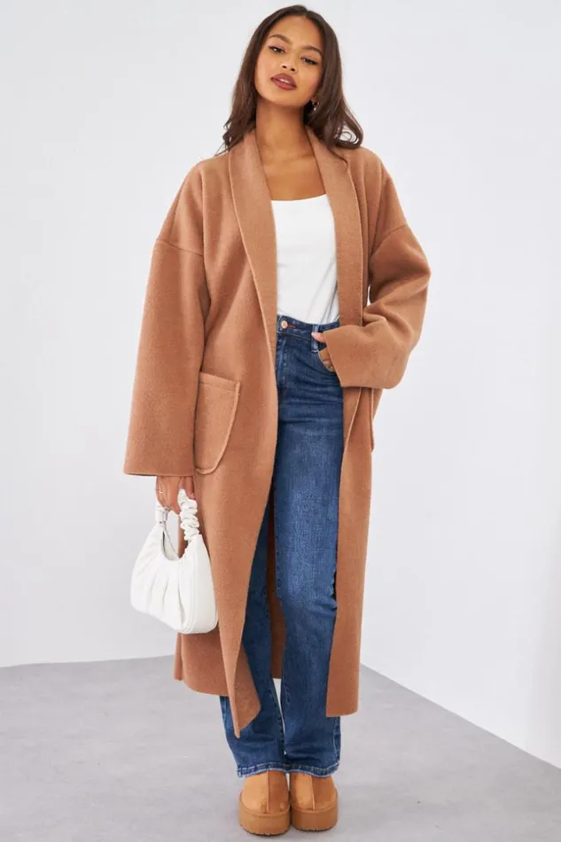Women Veste Longue Camel Texture Camel Brentiny Paris Jackets