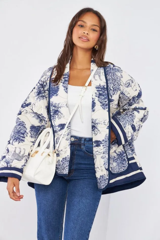 Women Veste Matelasse Bleu Motif Jungle Blue Brentiny Paris Jackets