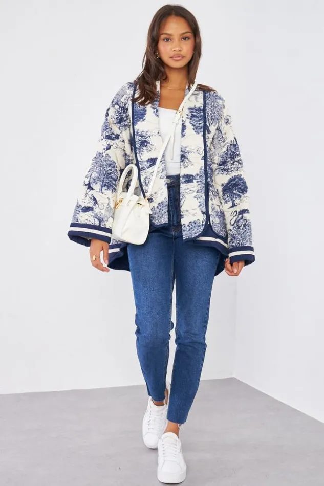Women Veste Matelasse Bleu Motif Jungle Blue Brentiny Paris Jackets