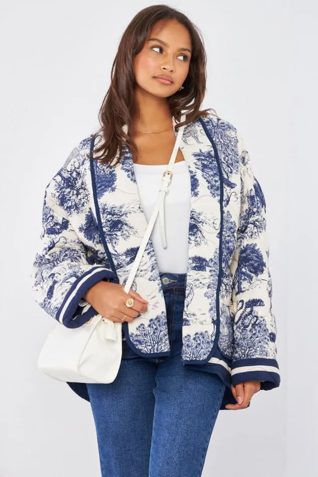Women Veste Matelasse Bleu Motif Jungle Blue Brentiny Paris Jackets