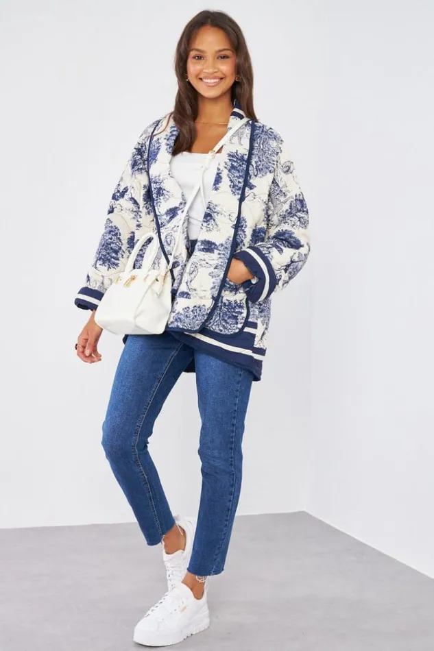 Women Veste Matelasse Bleu Motif Jungle Blue Brentiny Paris Jackets