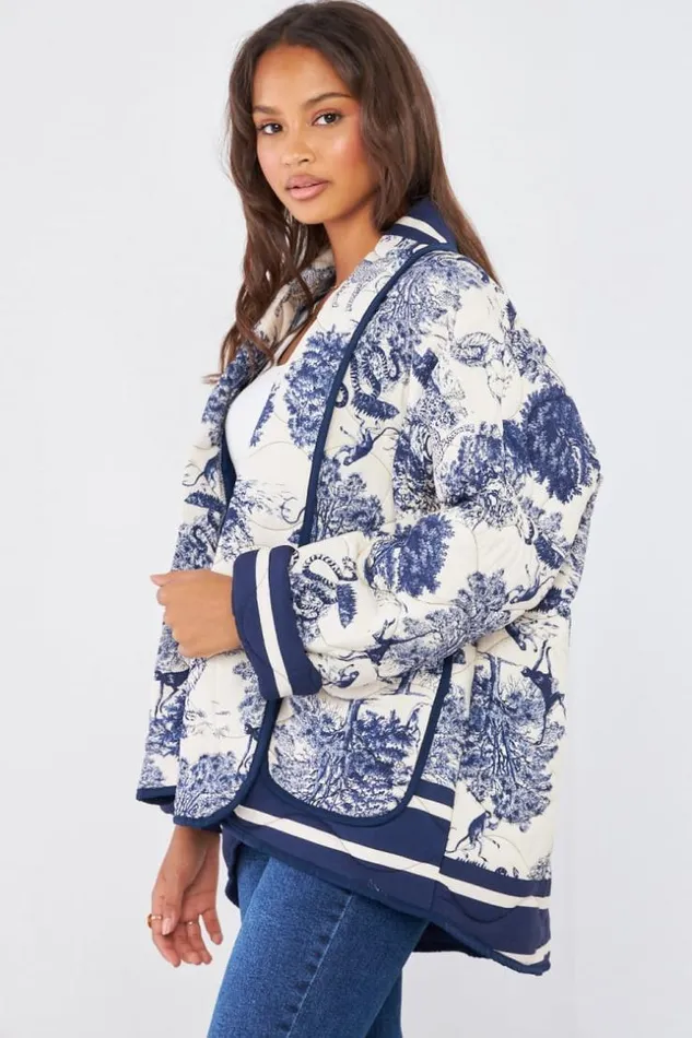 Women Veste Matelasse Bleu Motif Jungle Blue Brentiny Paris Jackets
